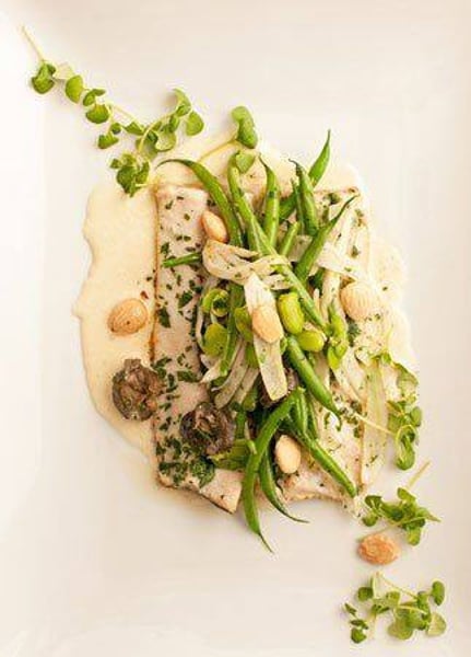 Brook Trout, Wild Burgundy Snails, Fennel, Spring Vegetables, & Marcona Almond Cream