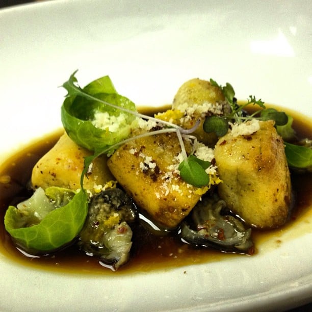 Ricotta, Meyer Lemon & Bone Marrow Gundi, Smoked Mushroom Broth, Snails, Maras Pepper & Parmigiano