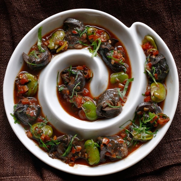 Wild Burgundy Snail Ragout, Fava Beans and Trumpet Royale Mushrooms, Flavored with Tarragon