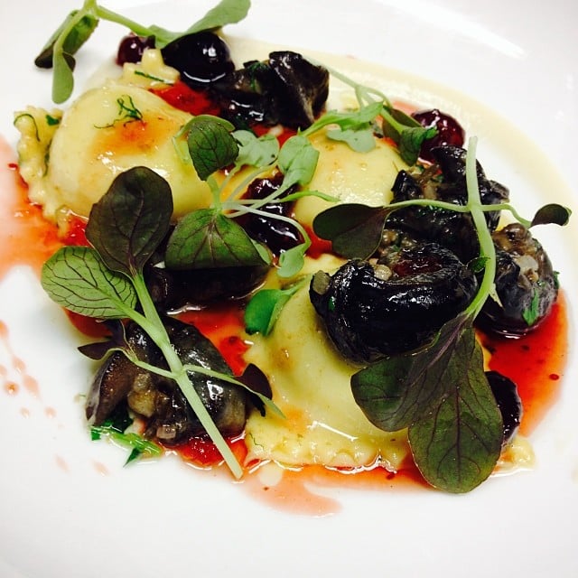 Wild Burgundy Snails, Chicken Liver Ravioli, Salsify, and Cranberry Gastrique.