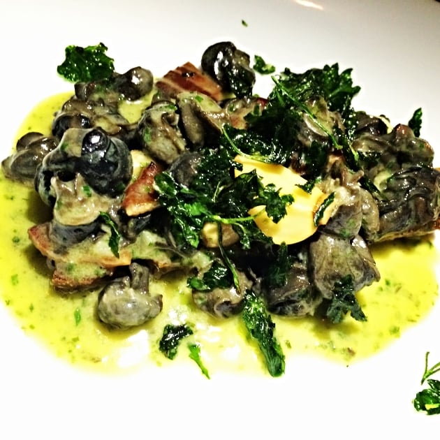 Escargot with Garlic Confit, Benton's Bacon, & Sourdough.