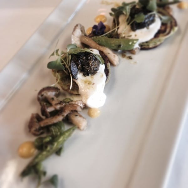 Escargot, Pea Blini, Mushrooms, Lemon.