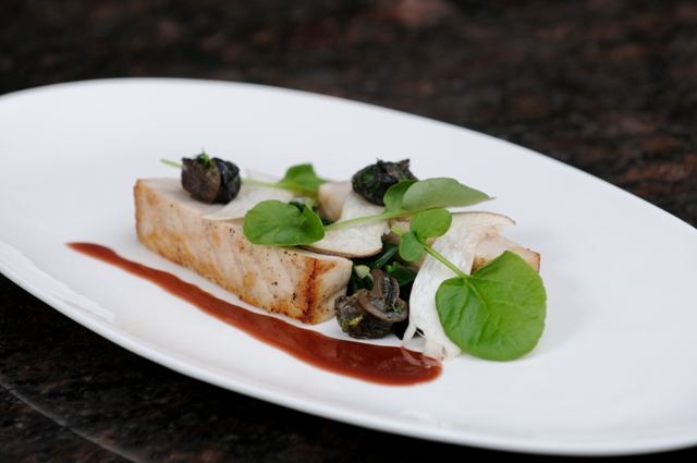 Butter Roasted Sturgeon, Wild Burgundy Snails, Leek Greens, Shaved Trumpet Mushrooms, Beurre Rouge.