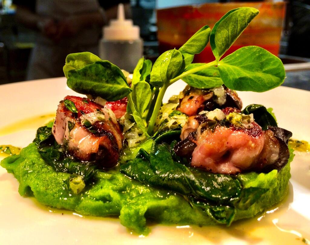Pancetta-Wrapped Snails with Spinach Potato Purée and Sofrito.