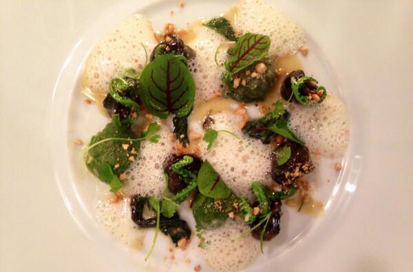 Buckwheat and Nettle Dumpling, Wild Burgundy Snails, Cheese Rinds, Smoked Cashew, Fiddlehead Ferns.